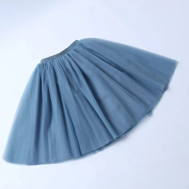 5-Layer Black Pleated Tulle Midi Skirt