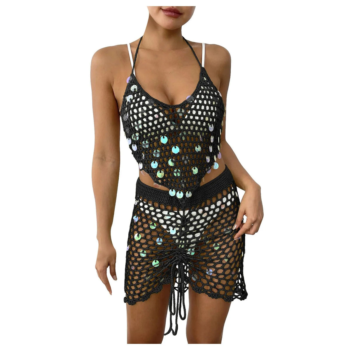 Beach Cover Up 2pcs Sexy Women Shiny Sequin Hollow Out Knitted Tank Tops