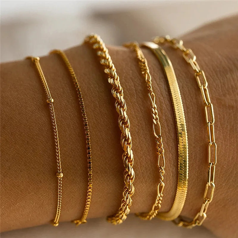 6Pcs Gold Boho Retro Cuban Chain Bracelet Set