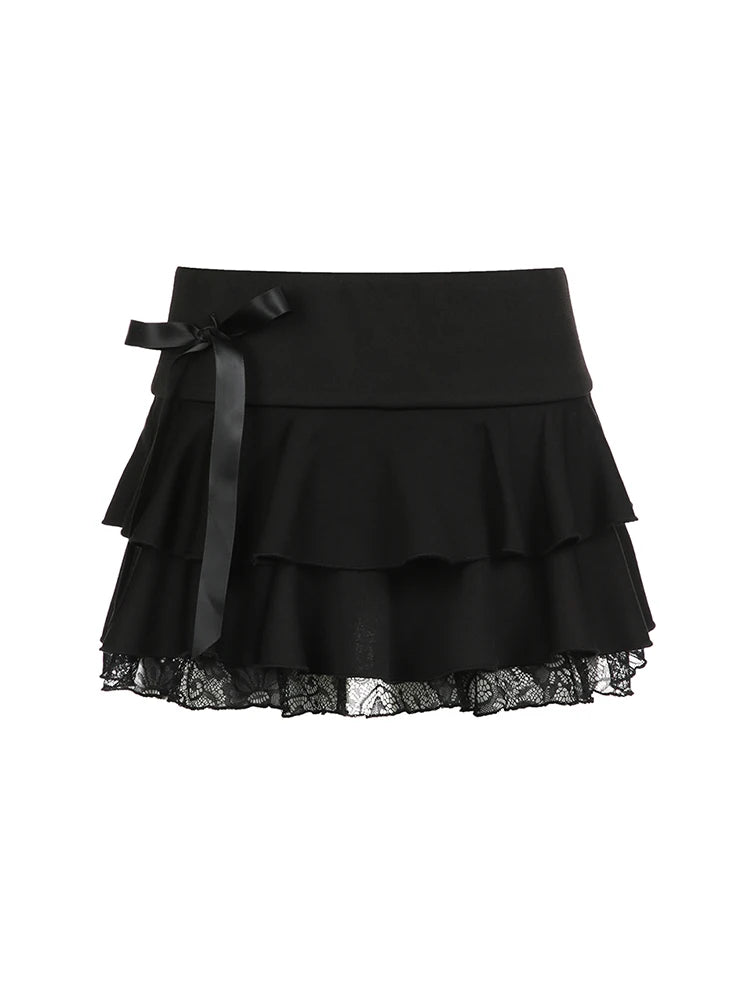 Goth Y2K Black Lace Bow Mini Skirt