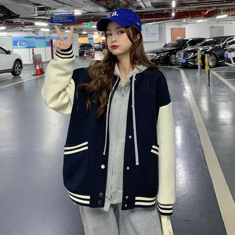 Fleece-Lined Korean Style Baseball Jacket