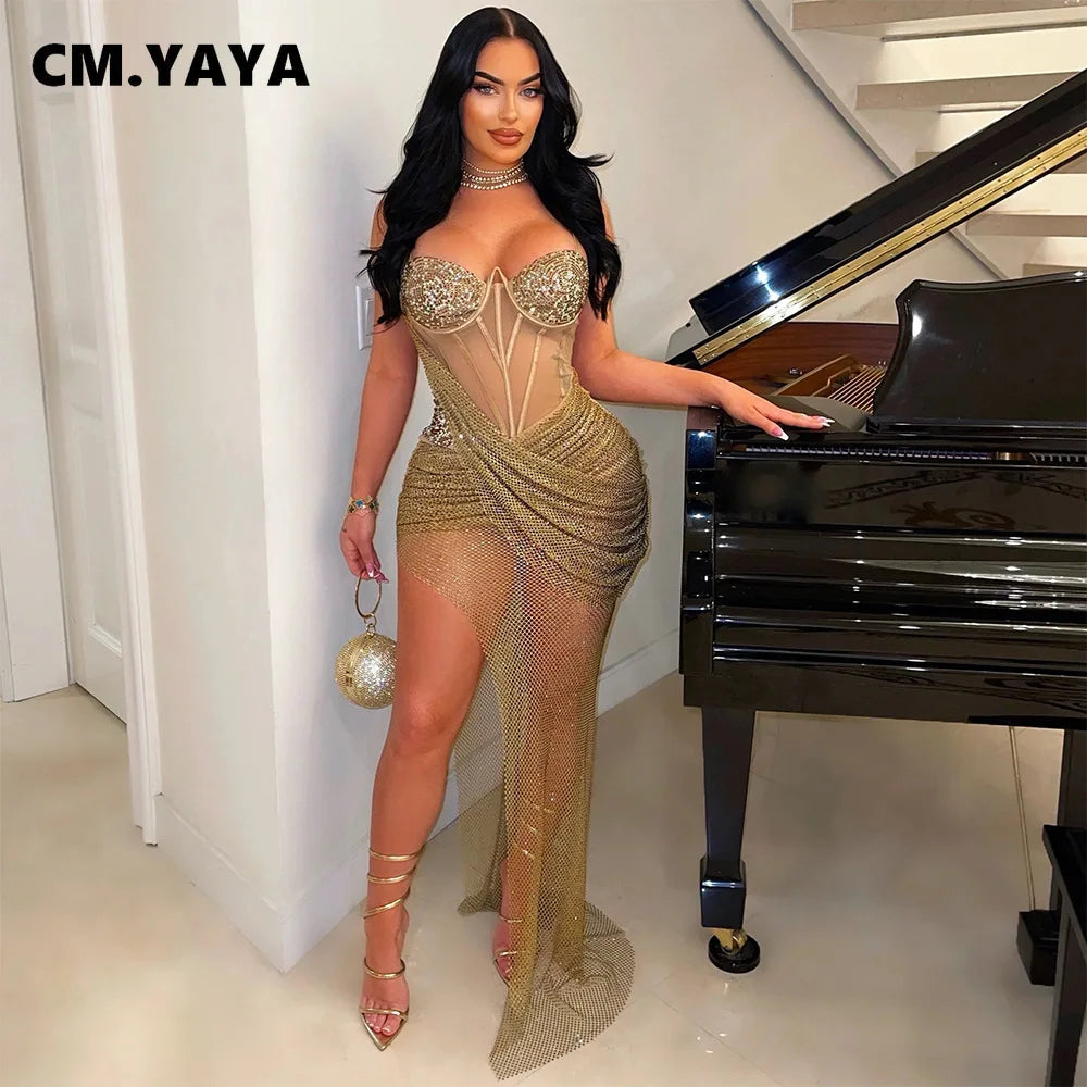 CM.YAYA Women Mesh Strapless Perspective Rhinestone Strap Maxi Long Dress
