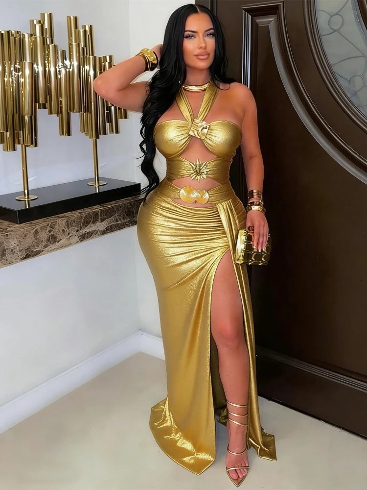 CM.YAYA Women Gilding Halter Strapless Ruched Bodycon Maxi Long Dress