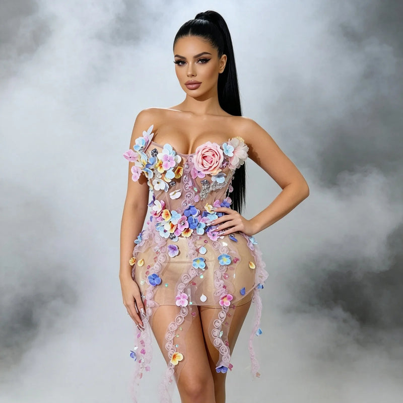 Strapless Sheer Mesh Colorful Flower Mini Dress