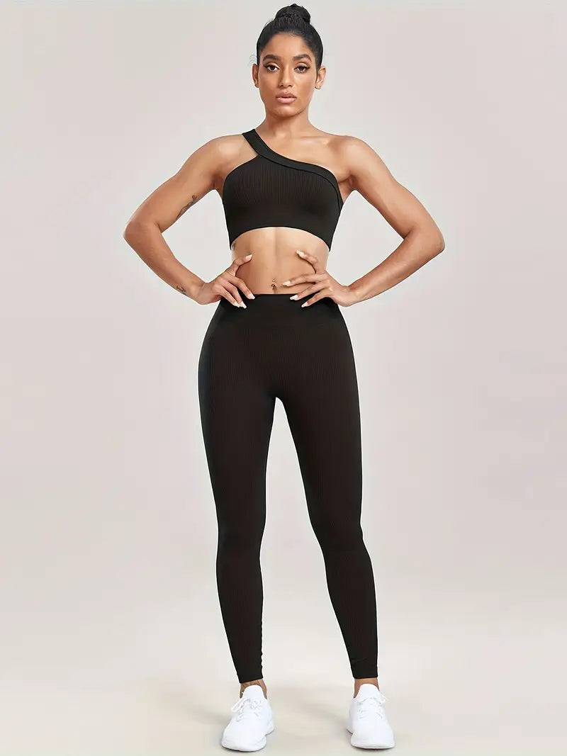 Cross Shoulder Bra & Threaded Yoga Leggings Set