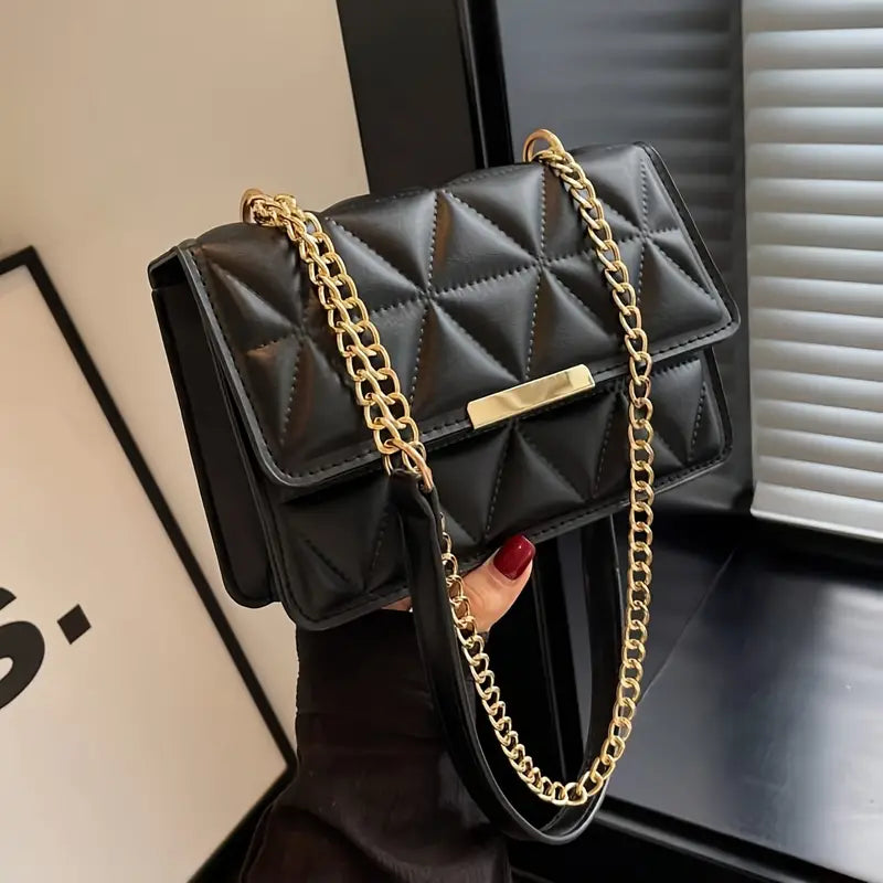 Fashionable Solid Color Pressed Flap Mini Shoulder Bag with Chain Strap