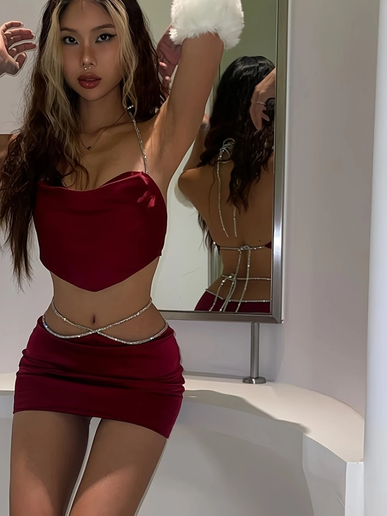 Women Skirt Set, Tie-up Halterneck Backless Vest with High Waist Bodycon Skirt