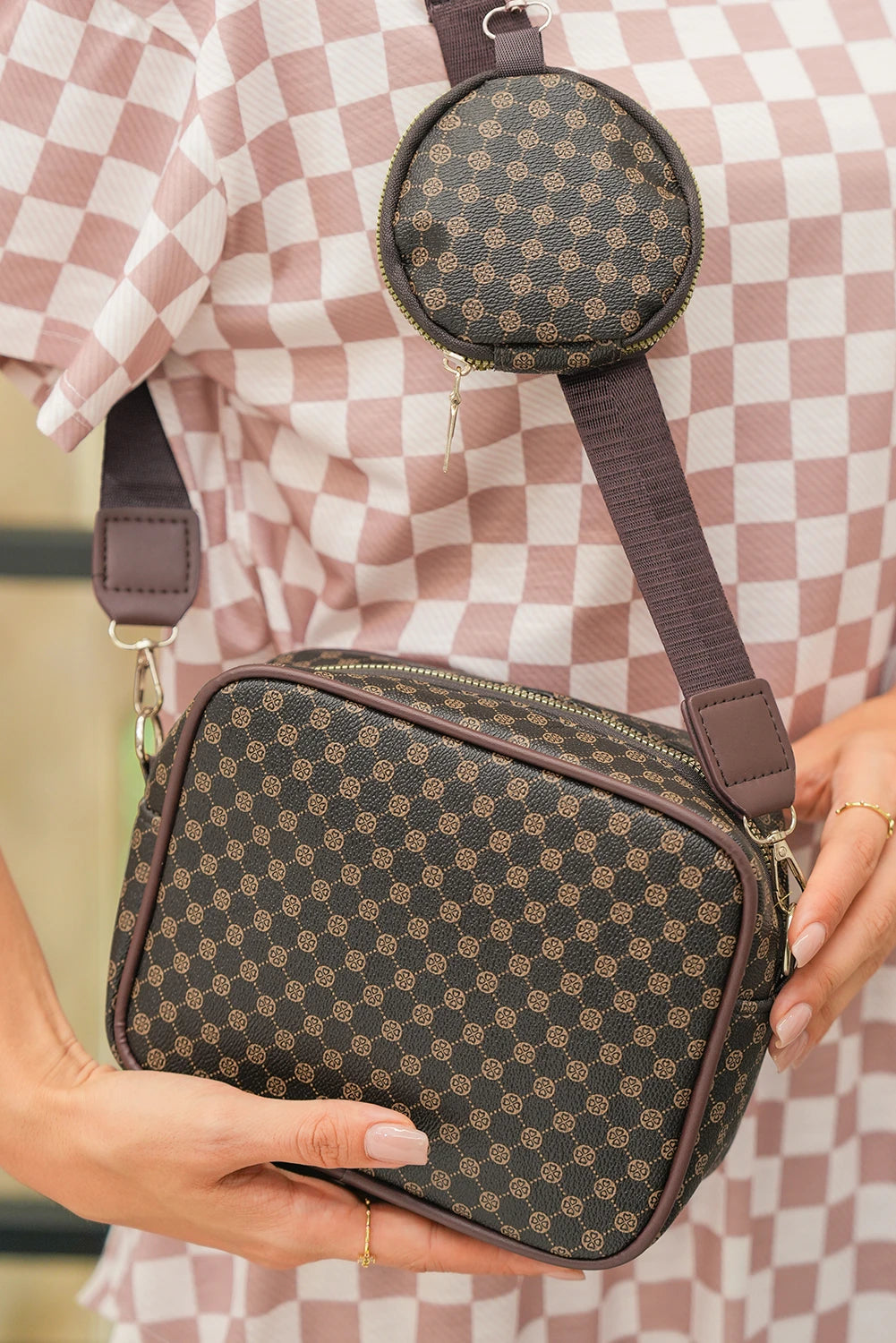 Coffee Geometric Pattern Shoulder Bag