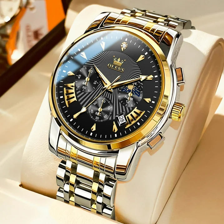 OLEVS Watches for Men, Mens Watches Quartz Gold Stainless Steel Waterproof Luminous Business Calendar Wrist Watch reloj para hombre Black Dial