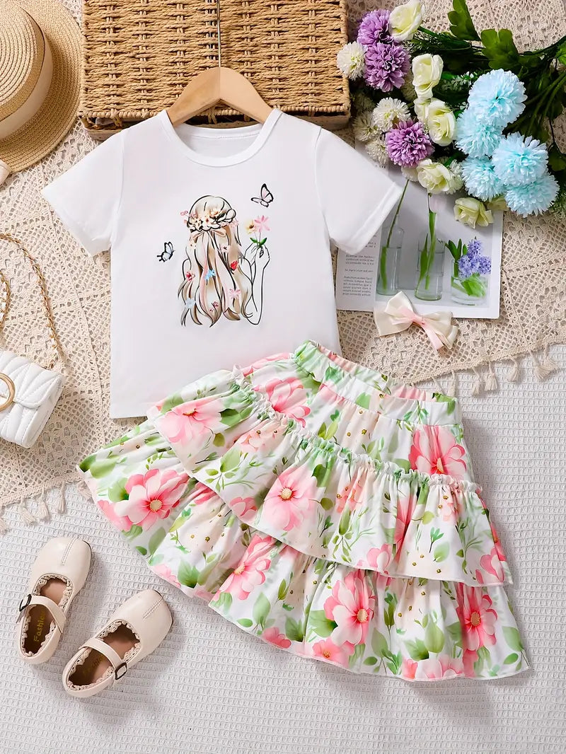 Printed Short Sleeve T-shirt + Floral Printed Short Skirt