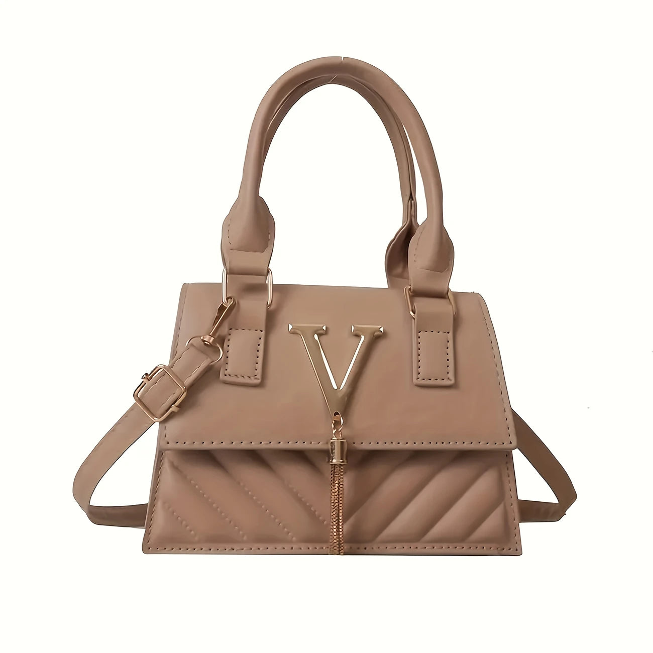 Compact Shoulder Handbag with Golden-Tone V Hardware & Tassel – Everyday Essentials, Commuting, and Gifting