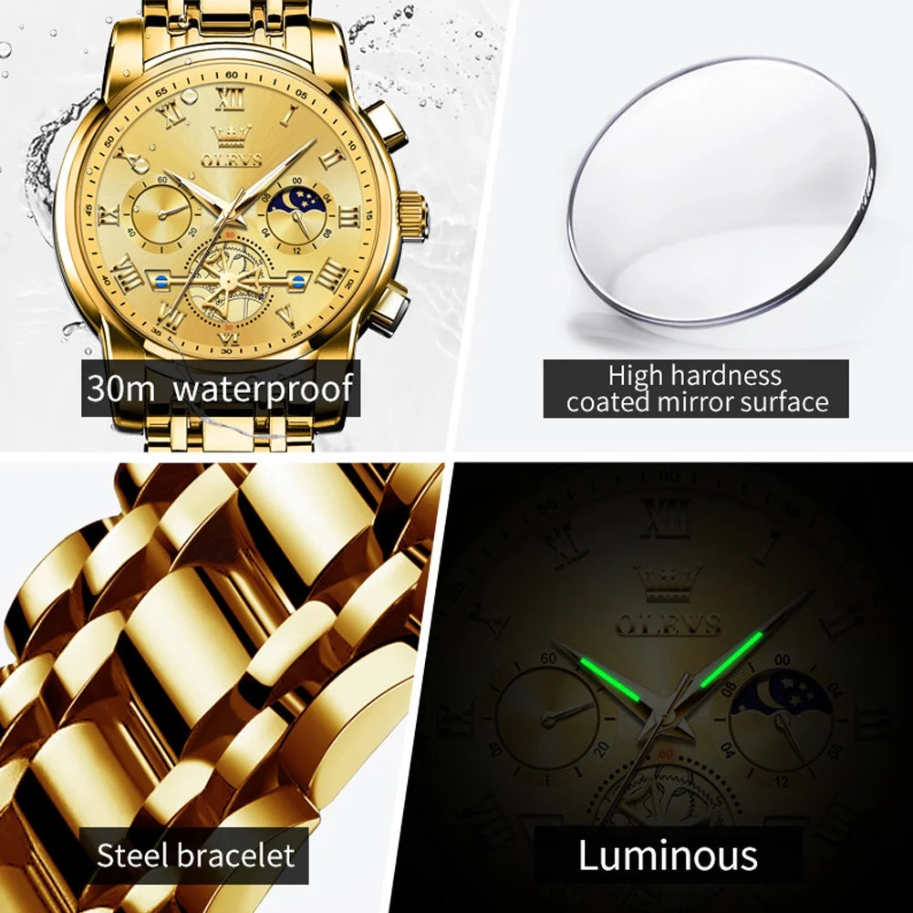 Stainless Steel Waterproof Luminous Date Wrist Watch For Men Gold Dial