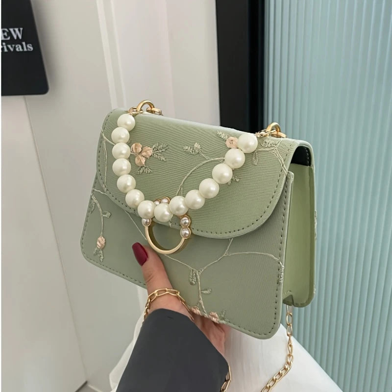 White Mini Square Bag | Elegant Faux & Rhinestone Chain Strap