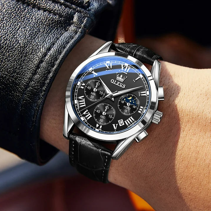 Leather Strap Date Silver Classic Watch for Men