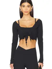 Women Crop Wrap Tops Tie up Hem V-Neck Fitted Long Sleeve