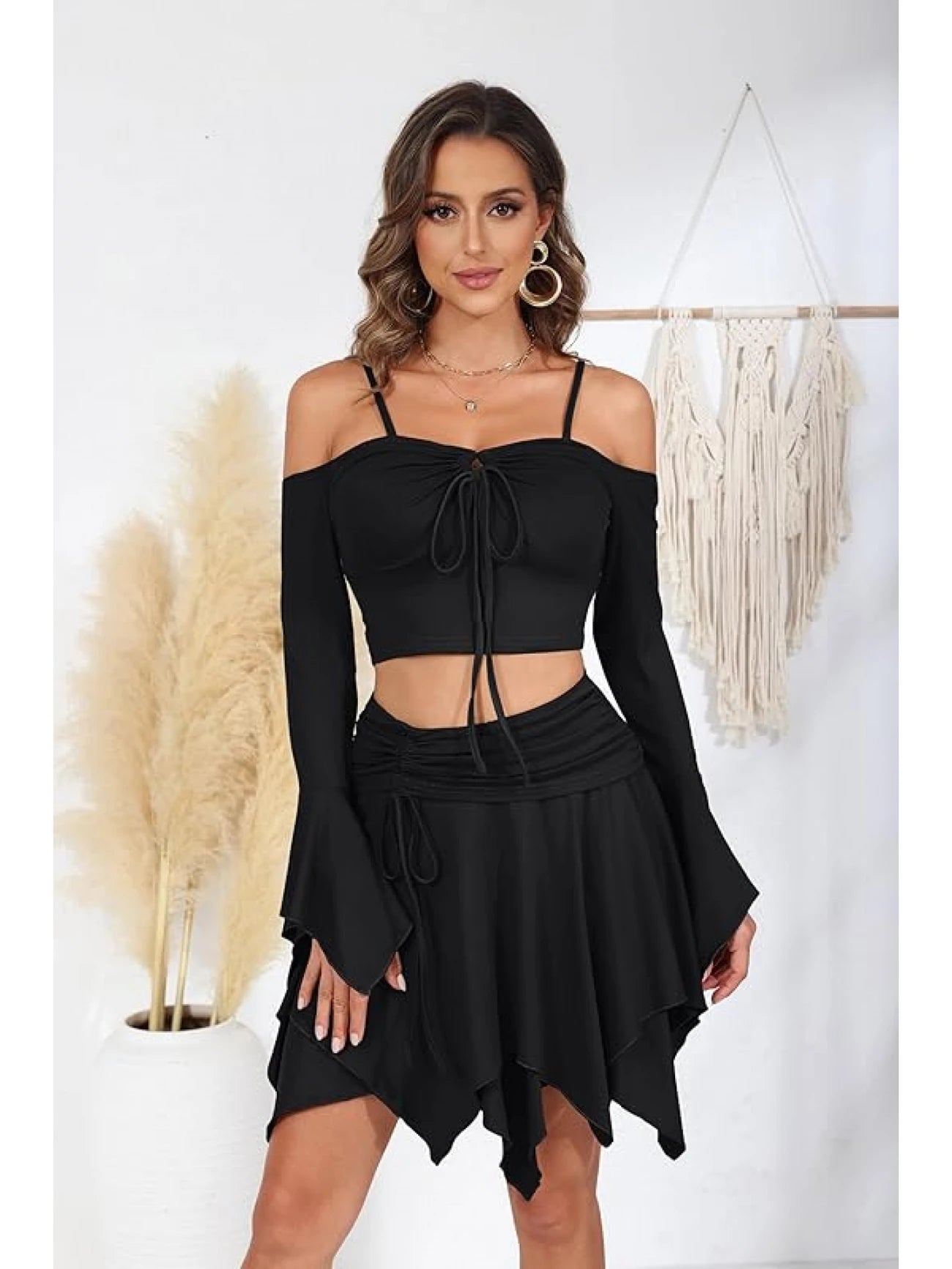 Women 2pcs Skirt Set Sexy Fairy Off Shoulder Rave Ruffled Outfits
