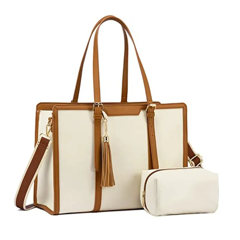 Women's Laptop Tote Bag with Detachable Clutch - Golden-Tone Hardware, Multiple Compartments & Tassel Detail for Business