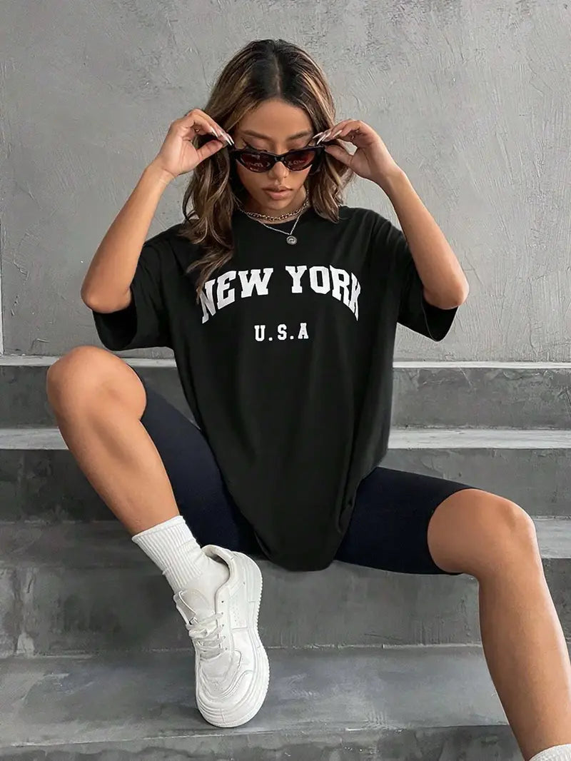Women'S Casual Polyester T-Shirt Crew Neck Top