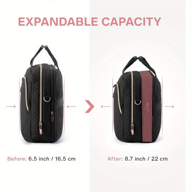 Women Large Computer Bag for Business Office Travel Quilted Black