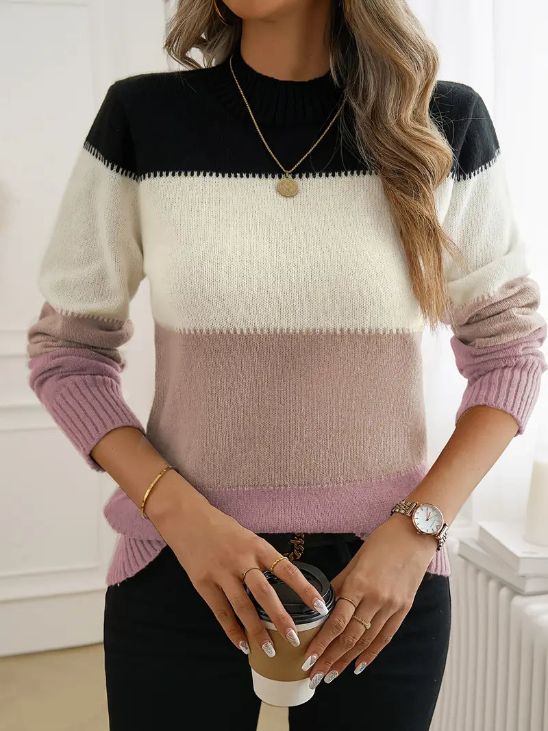 Women's Elegant Color Block Crew Neck Sweater