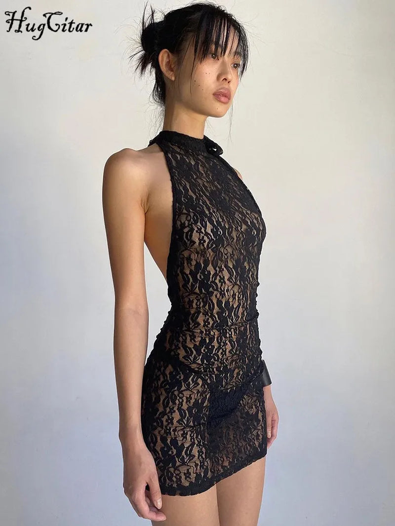Floral Print Halter Backless Lace up Sheer Sexy Bodycon Mini Dress 2024 Spring Women Fashion Clothes Beach Nightclub