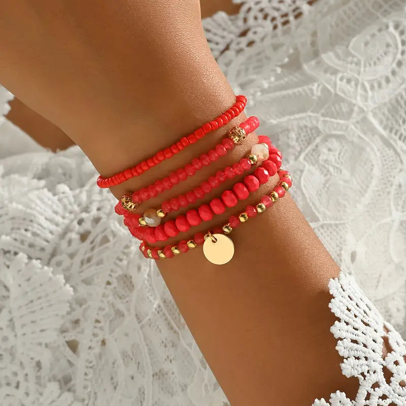 A Set of 5 Bohemian-Style Woven Stacking Bracelets