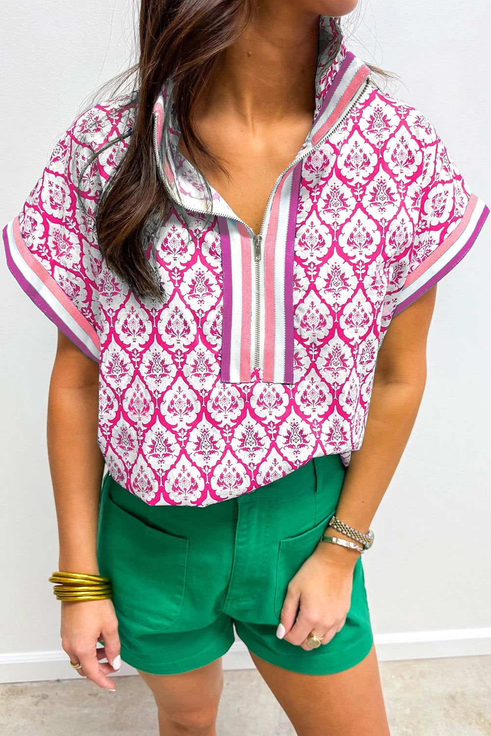 Sky Blue Colorblock Striped Collar Bohemian Print Blouse