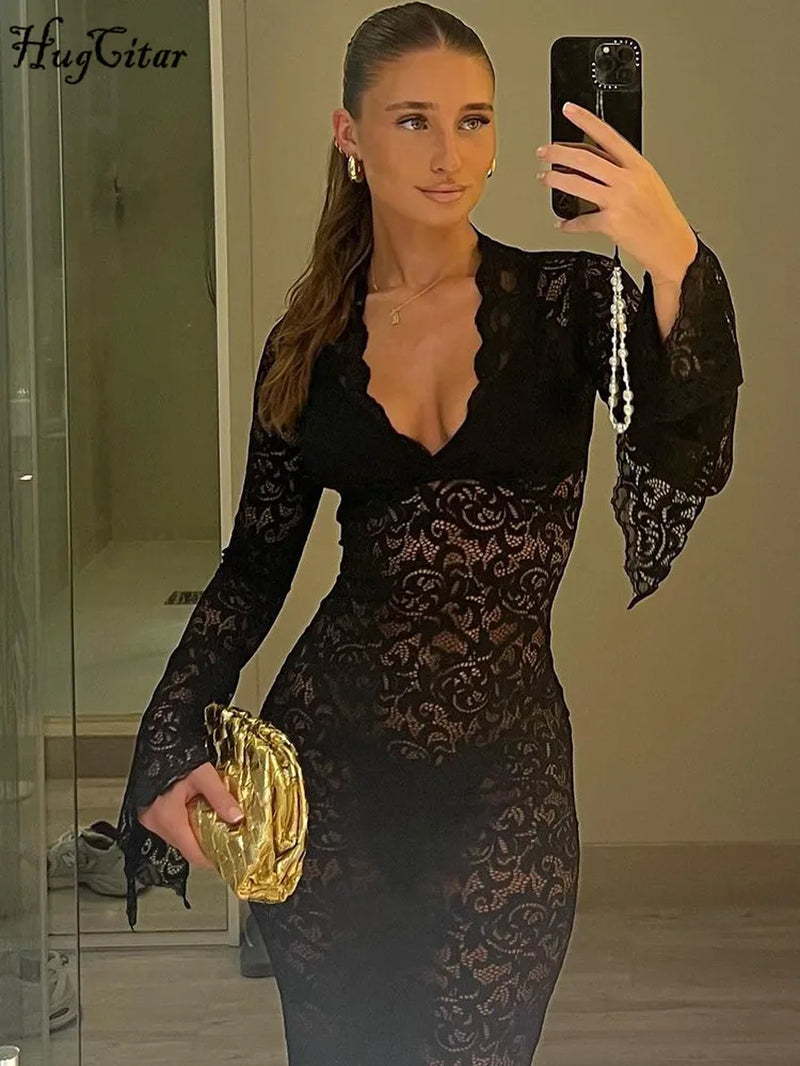 Mesh Floral Print V Neck Long Flare Sleeve Sexy See through Maxi Dress Spring Women Fashion Clothes Beach Vacation Club