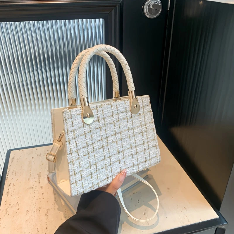 New White Plaid Synthetic Leather Crossbody Bag for Women