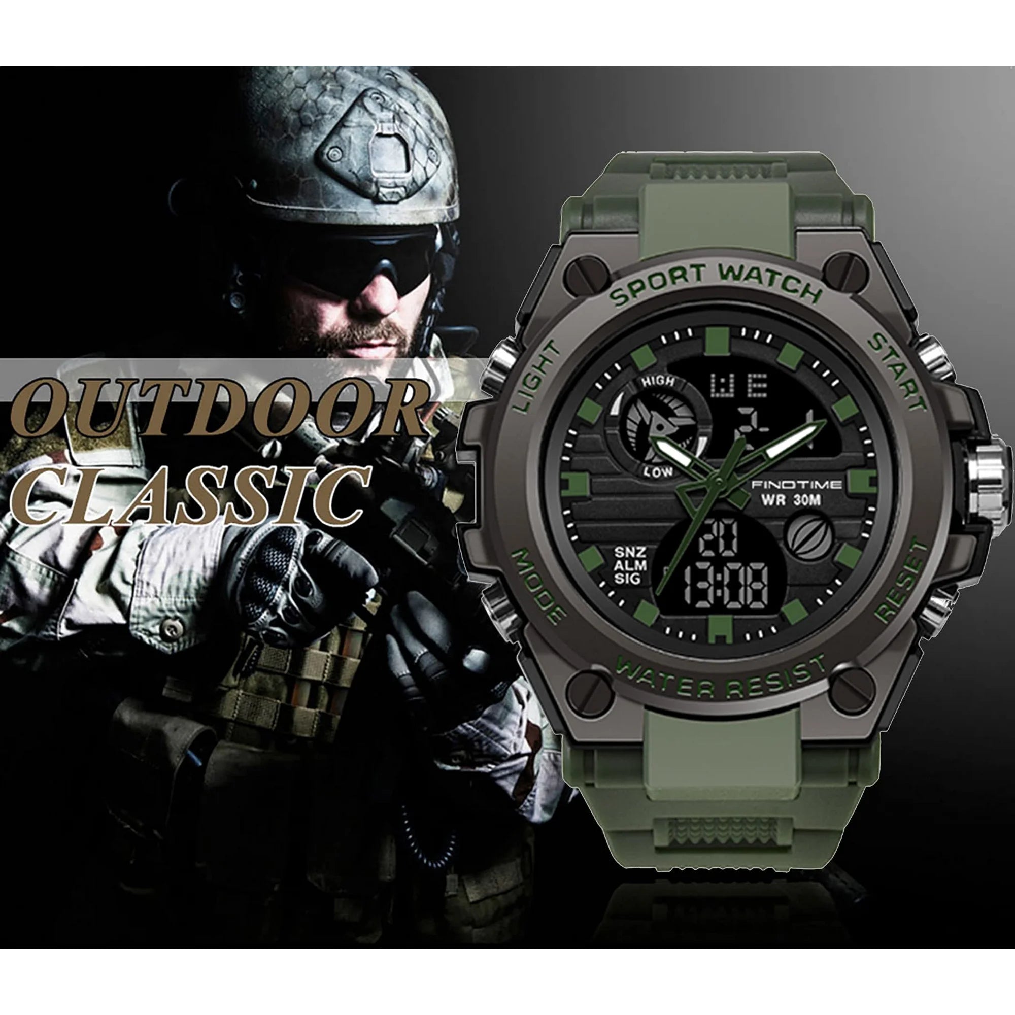 Findtime Men's Military Watch Outdoor Sports Electronic Watch Tactical Army Wristwatch LED Stopwatch Waterproof Digital Analog Watches