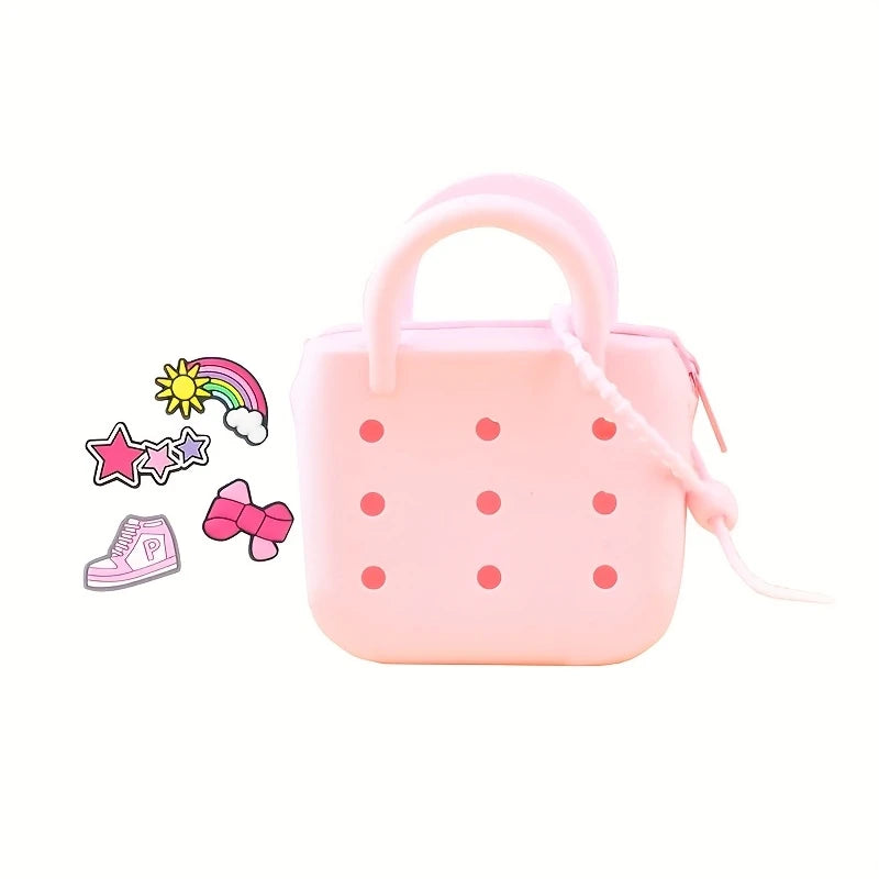 Cute Silicone DIY Hole Design Mini Tote Bag with Zipper & Adjustable Handle