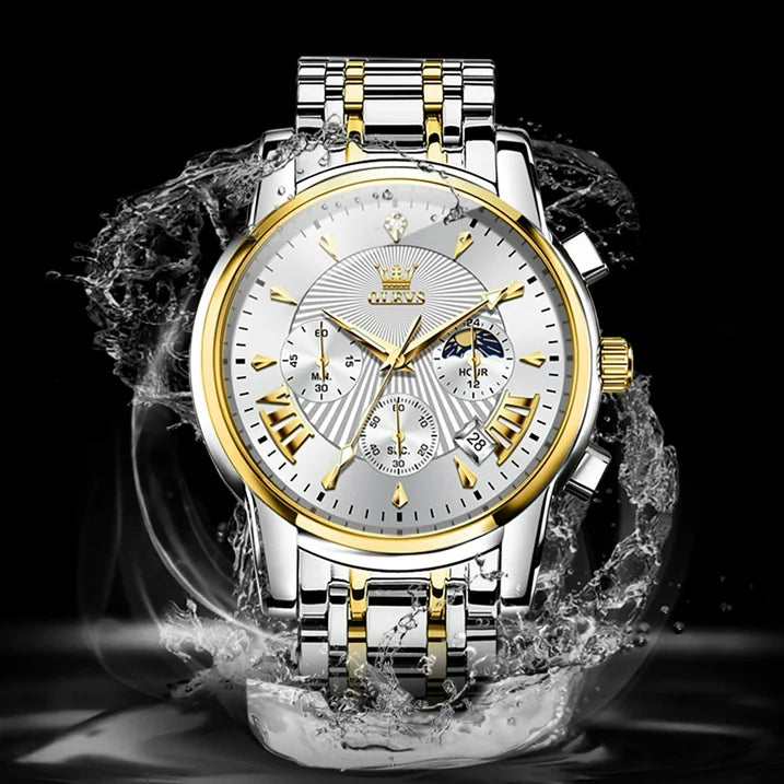 OLEVS Watches for Men, Mens Watches Quartz Gold Stainless Steel Waterproof Luminous Business Calendar Wrist Watch reloj para hombre White Dial