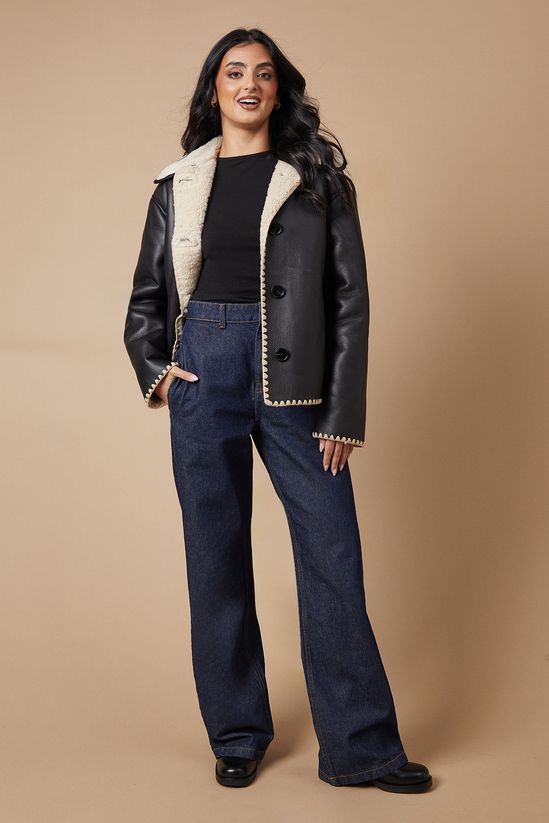 Black Faux Leather Button Detail Aviator Jacket