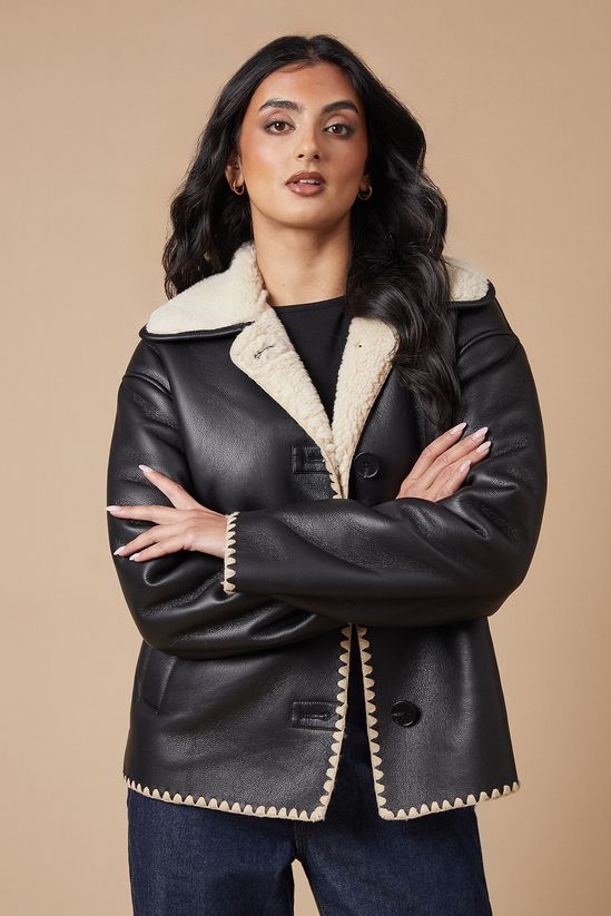 Black Faux Leather Button Detail Aviator Jacket
