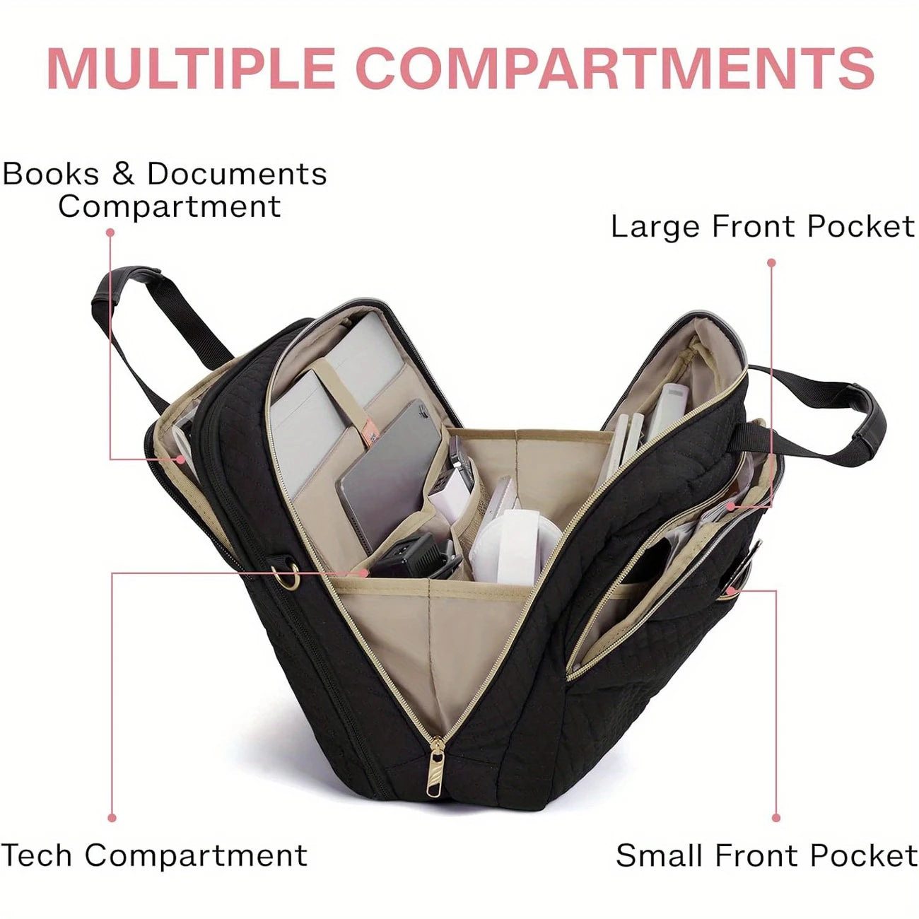 Women Large Computer Bag for Business Office Travel, Quilted Black