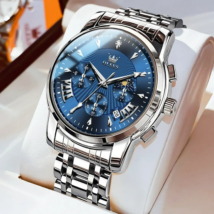 OLEVS Watches for Men, Mens Watches Quartz Silver Stainless Steel Waterproof Luminous Business Calendar Wrist Watch reloj para hombre Blue Dial