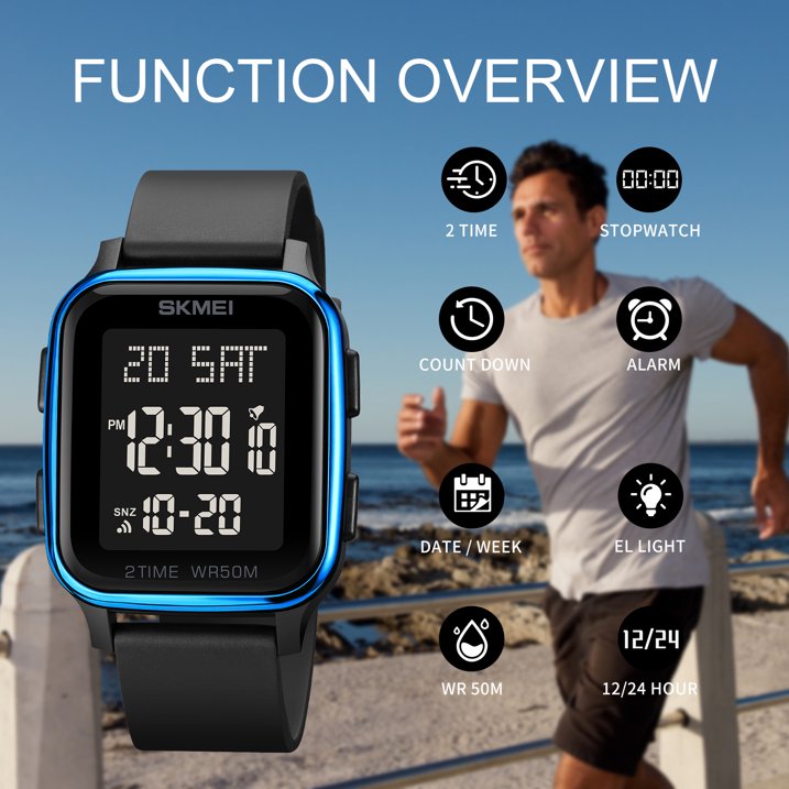 Digital Multifunction Watch Outdoor Casual Square 50M Waterproof Led Light Wristwatch for Men
