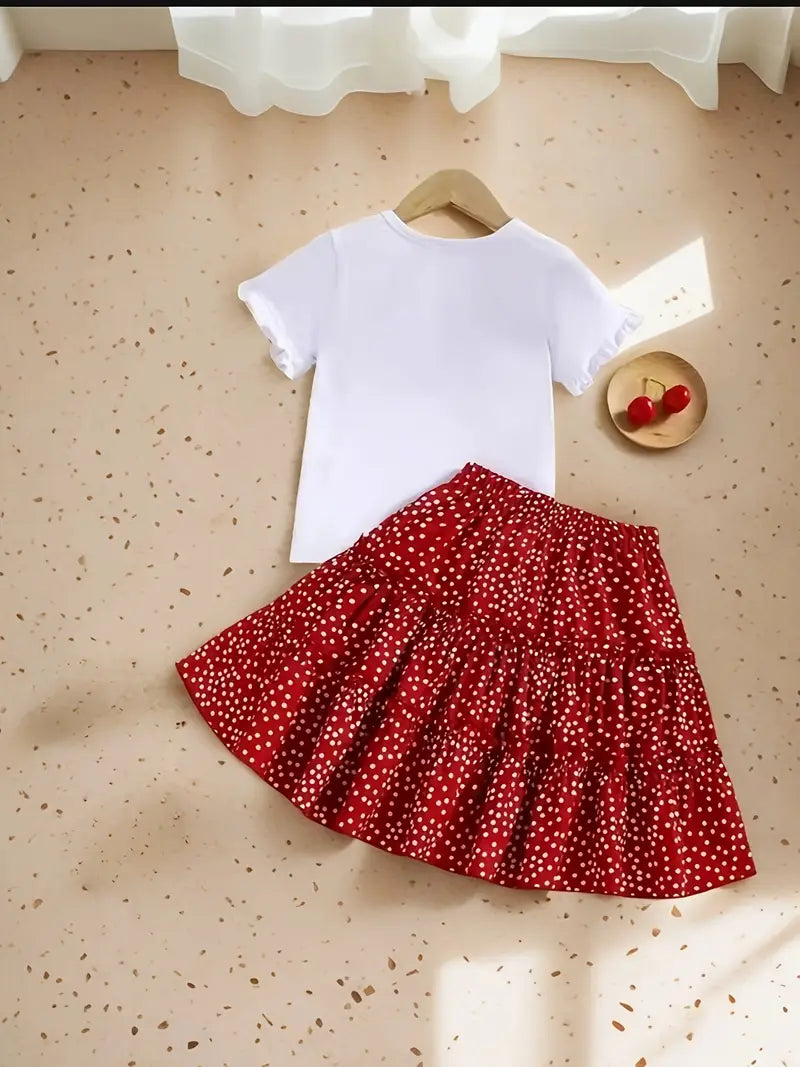 Graphic Tee with Red Polka Dot Skirt