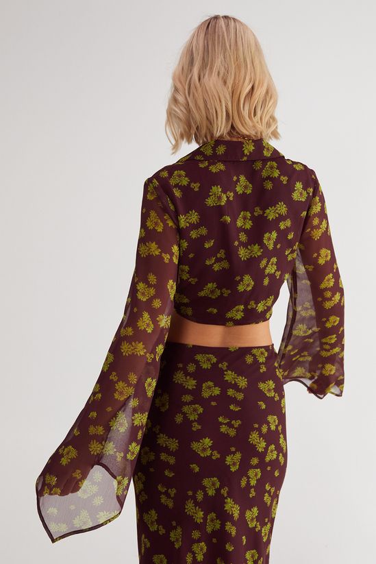 Ditsy Crinkle Chiffon Tie Front Fluted Sleeve Crop Top