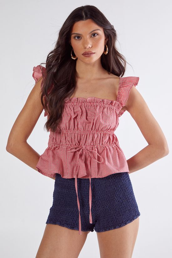 Gingham Ruched Tie Front Top
