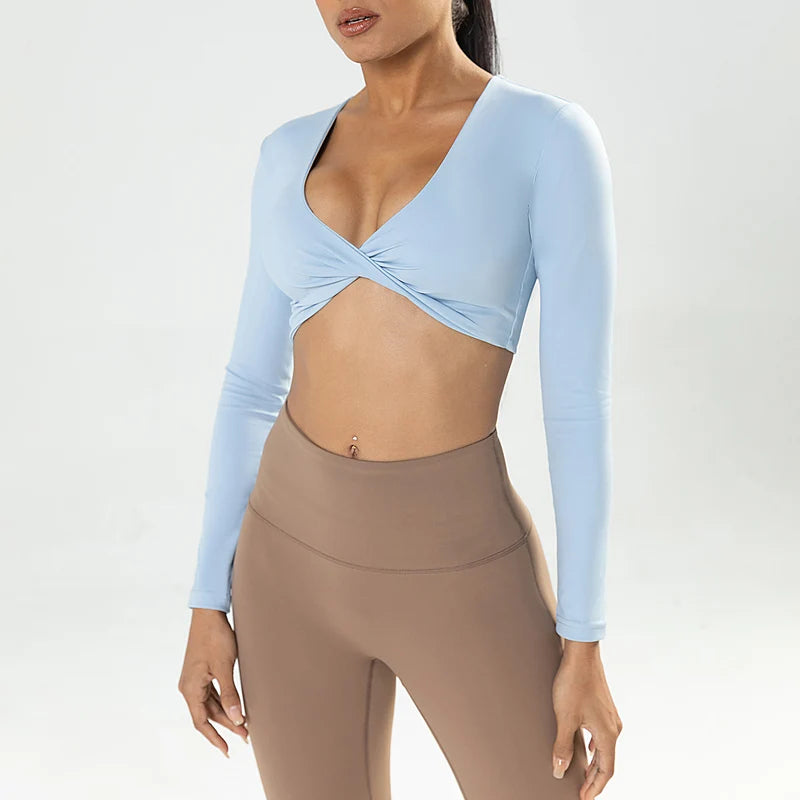 Women’s Long Sleeve Twist V-Neck Crop Top, Padded Workout & Yoga Top