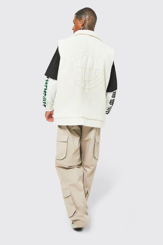 Oversized Worldwide Embossed Borg Gilet Jackets
