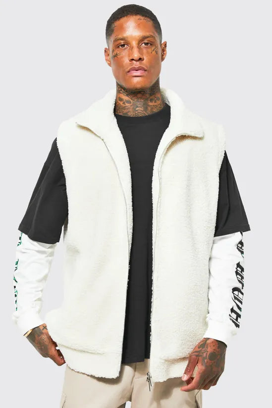 Oversized Worldwide Embossed Borg Gilet Jackets