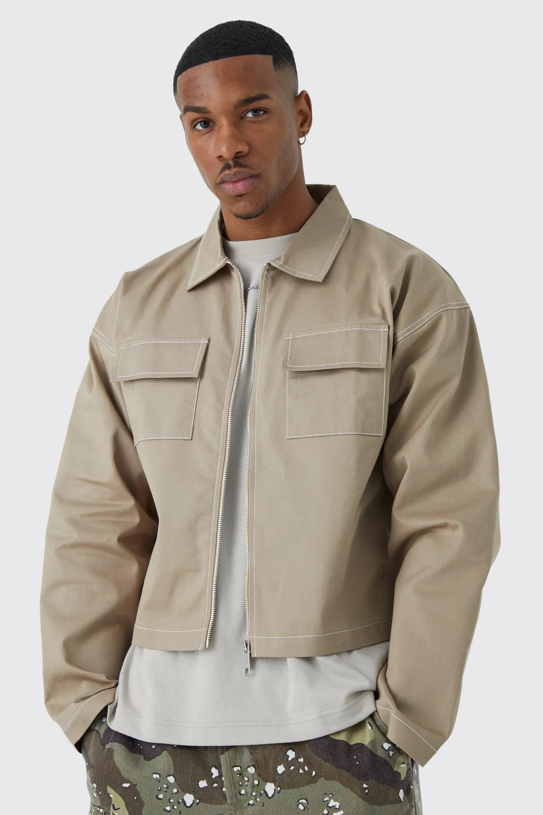 Long Sleeve Twill Contrast Stitch Boxy Jacket