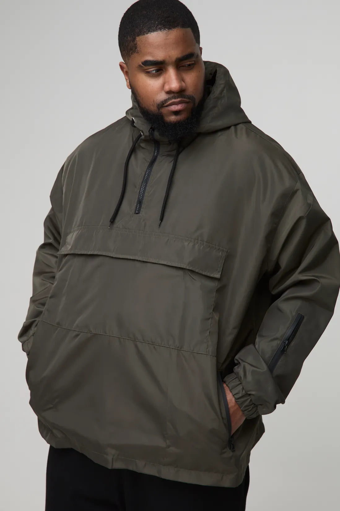 Plus Oversized Pocket Hooded Half Zip Windbreaker