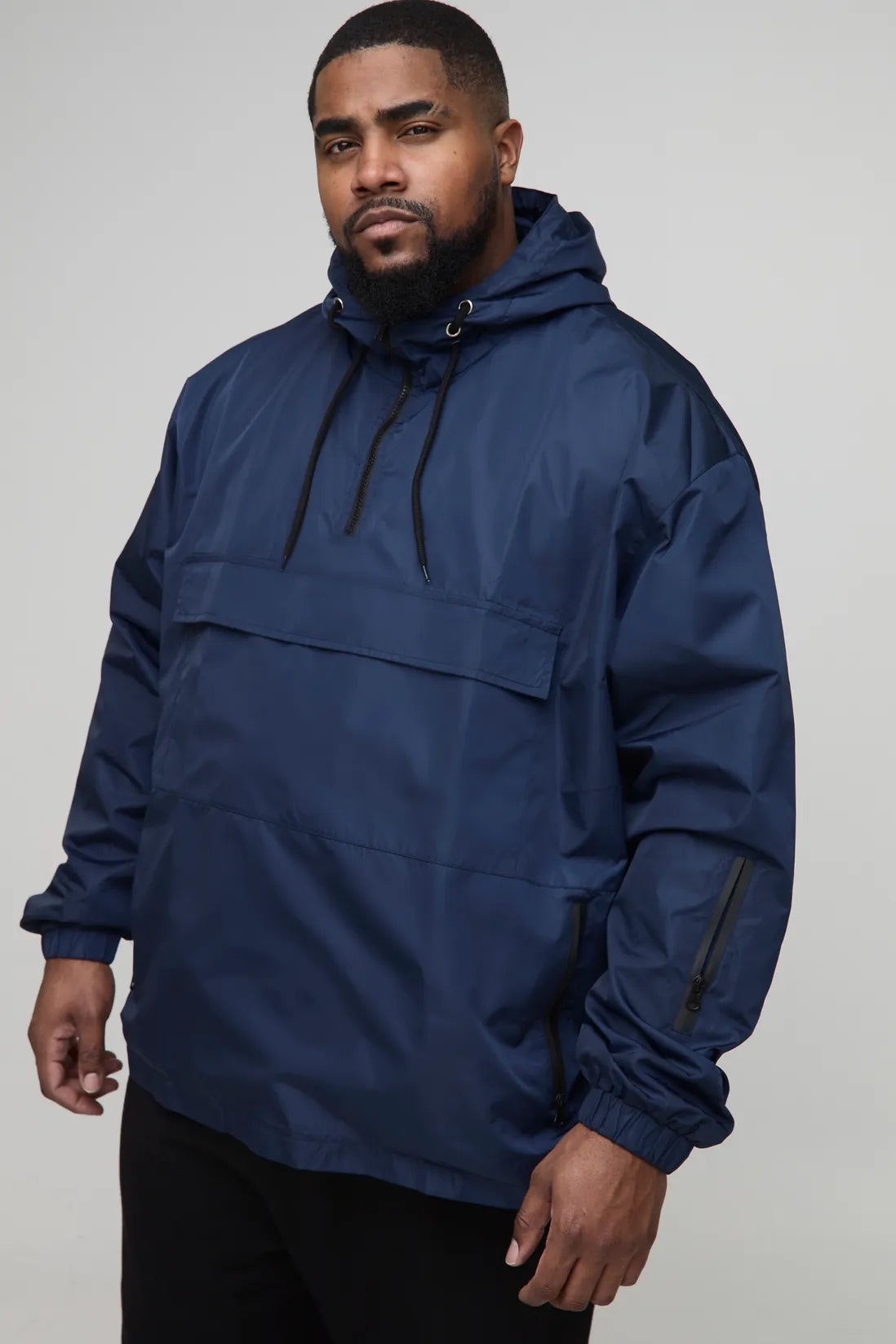 Plus Oversized Pocket Hooded Half Zip Windbreaker