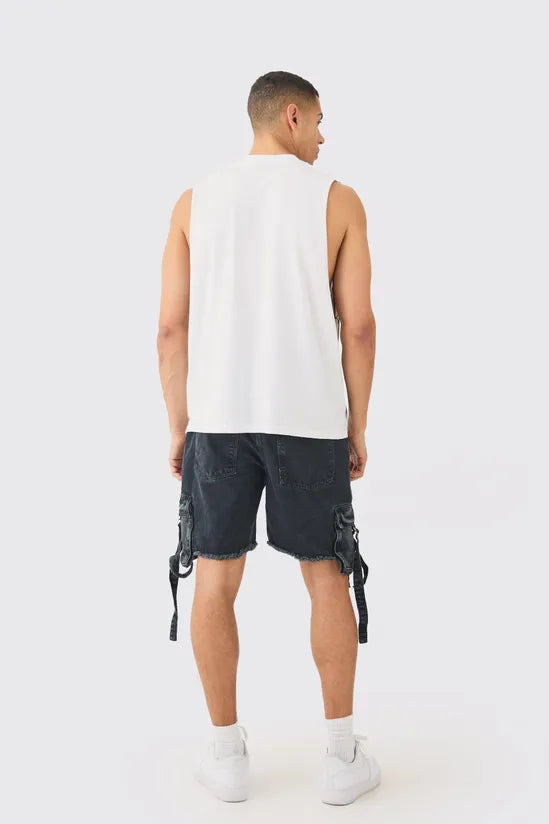 Relaxed Rigid Cargo Pocket Denim Short In Washed Black