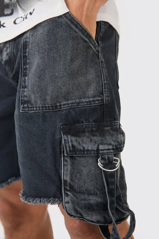 Relaxed Rigid Cargo Pocket Denim Short In Washed Black