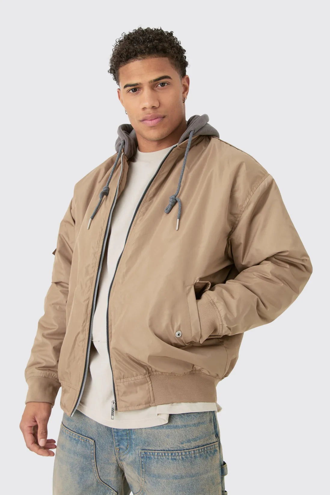 Oversized Hooded Ma1 Bomber Jacket In Stone
