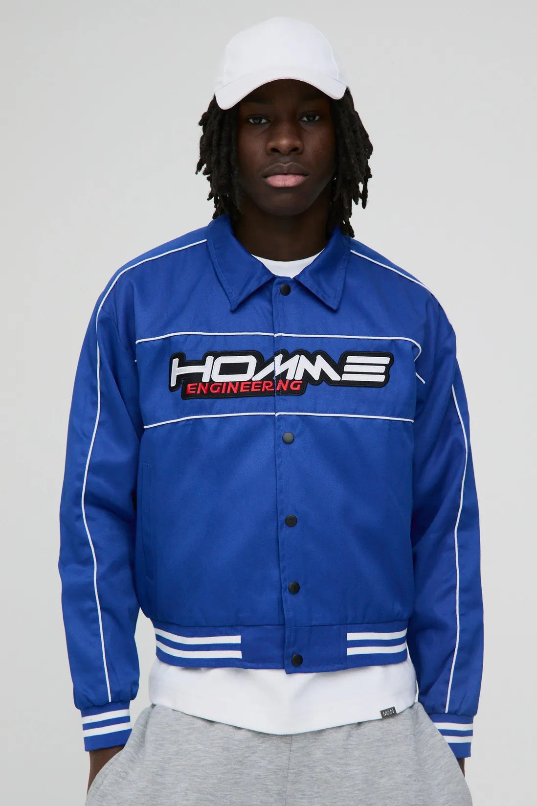 Boxy Twill Moto Collared Bomber Jacket In Blue